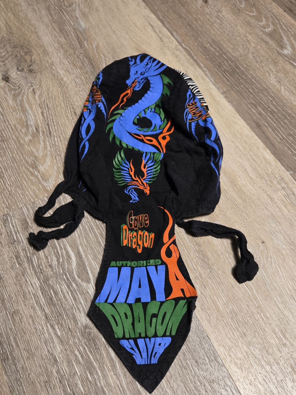 Black Dragon Print Skull Biker Cap with Blue, Green & Orange Cozumel Mexico